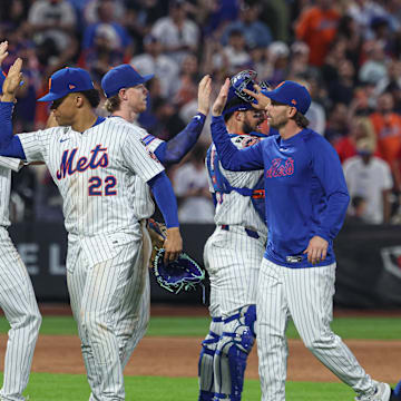 Jun 11, 2025; New York City, New York, USA; New York Mets right fielder Juan Soto (22) celebrates with teammates after defeating the Washington Nationals at Citi Field. Mandatory Credit: Vincent Carchietta-Imagn Images