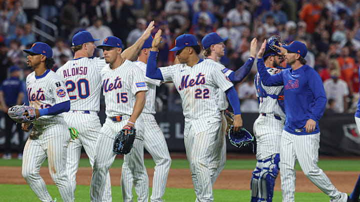 Jun 11, 2025; New York City, New York, USA; New York Mets right fielder Juan Soto (22) celebrates with teammates after defeating the Washington Nationals at Citi Field. Mandatory Credit: Vincent Carchietta-Imagn Images