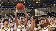 Annie Wright celebrates winning the 1A boys state basketball championship Saturday, March 8, 2025, at the Yakima Valley SunDome in Yakima, Wash. 