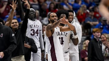 Mar 12, 2025; Nashville, TN, USA; Mississippi State Bulldogs bench reacts after a made three point basket  against the LSU Tigers during the second half at Bridgestone Arena. Mandatory Credit: Steve Roberts-Imagn Images