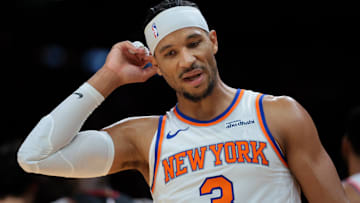 Oct 26, 2025; Miami, Florida, USA; New York Knicks guard Josh Hart (3) reacts against the Miami Heat during the first quarter at Kaseya Center. Mandatory Credit: Sam Navarro-Imagn Images