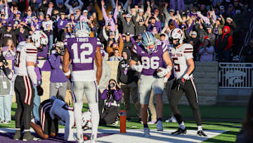Kansas State tight end Garrett Oakley (86) celebrates after scoring a touchdown in the fourth quarter against Texas Tech.