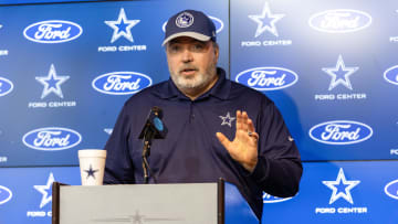 Jun 4, 2024; Frisco, TX, USA;  Dallas Cowboys head coach Mike McCarthy addresses the media before practice at the Ford Center at the Star Training Facility in Frisco, Texas. Mandatory Credit: Tim Heitman-USA TODAY Sports