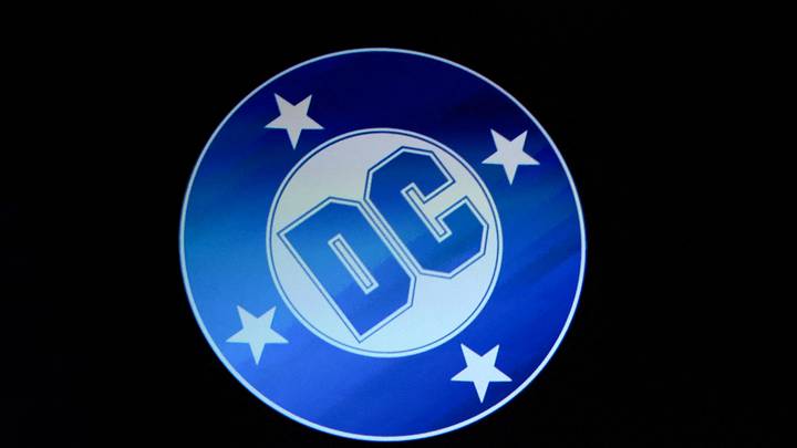 The DC Studios logo is displayed on screen during the CinemaCon 2025 Warner Bros Pictures presentation at The Colosseum at Caesars Palace in Las Vegas