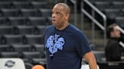 Mar 27, 2024; Los Angeles, CA, USA; North Carolina Tar Heels head coach Hubert Davis looks on during practice for their Sweet Sixteen college basketball game in the NCAA tournament at Crypto.com Arena. Mandatory Credit: Jayne Kamin-Oncea-Imagn Images