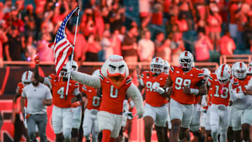 Oct 17, 2025; Miami Gardens, Florida, USA; Miami Hurricanes mascot Sebastian the Ibis runs on the field before the game against the Louisville Cardinals at Hard Rock Stadium. Mandatory Credit: Sam Navarro-Imagn Images