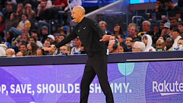 Jan 5, 2025; San Francisco, California, USA; Sacramento Kings interim head coach Doug Christie on the sideline during the third quarter against the Golden State Warriors at Chase Center. Mandatory Credit: Kelley L Cox-Imagn Images