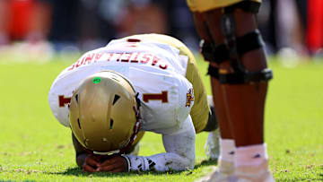 Oct 5, 2024; Charlottesville, Virginia, USA; Boston College Eagles quarterback Thomas Castellanos (1) reacts after fumbling the ball during the third quarter against the Virginia Cavaliers at Scott Stadium. Mandatory Credit: Peter Casey-Imagn Images