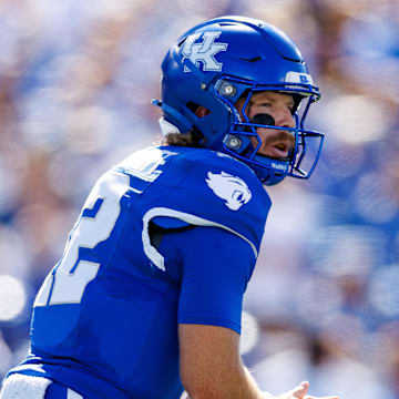 Sep 7, 2024; Lexington, Kentucky, USA; Kentucky Wildcats quarterback Brock Vandagriff (12) waits for a snap during the first quarter against the South Carolina Gamecocks at Kroger Field. Mandatory Credit: Jordan Prather-Imagn Images