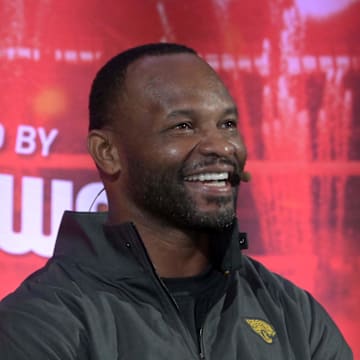 Oct 27, 2018; London, United Kingdom; Jacksonville Jaguars former running back Fred Taylor at NFL UK Live at The Drum at Wembley. Mandatory Credit: Kirby Lee-Imagn Images