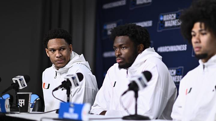 Mar 19, 2026; St. Louis, MO, USA; Miami (FL) Hurricanes forward Malik Reneau looks on during a press conference at the practice session ahead of the first round of the men's 2026 NCAA Tournament at Enterprise Center. Mandatory Credit: Jeff Le-Imagn Images