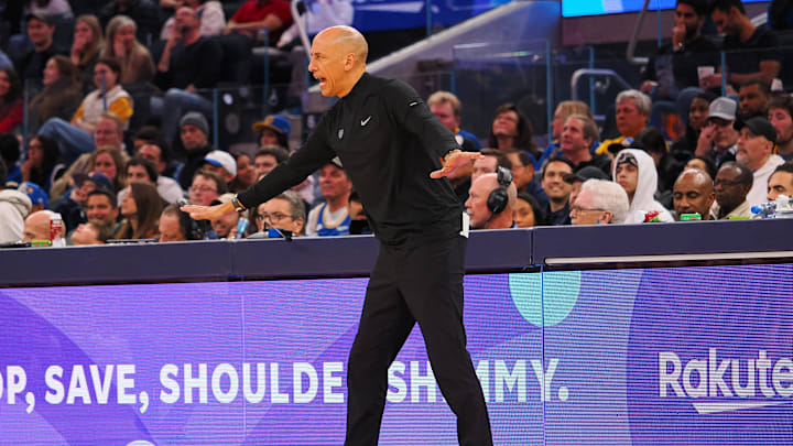 Jan 5, 2025; San Francisco, California, USA; Sacramento Kings interim head coach Doug Christie on the sideline during the third quarter against the Golden State Warriors at Chase Center. Mandatory Credit: Kelley L Cox-Imagn Images