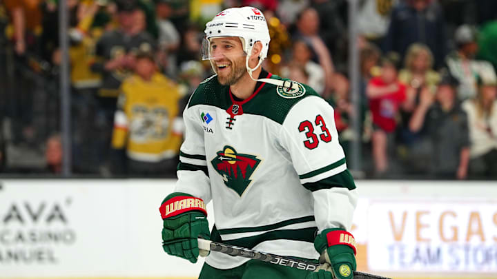 Apr 1, 2023; Las Vegas, Nevada, USA; Minnesota Wild defenseman Alex Goligoski (33) warms up before a game against the Vegas Golden Knights at T-Mobile Arena. Mandatory Credit: Stephen R. Sylvanie-Imagn Images