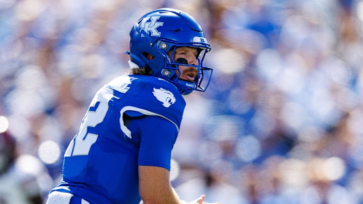 Sep 7, 2024; Lexington, Kentucky, USA; Kentucky Wildcats quarterback Brock Vandagriff (12) waits for a snap during the first quarter against the South Carolina Gamecocks at Kroger Field. Mandatory Credit: Jordan Prather-Imagn Images