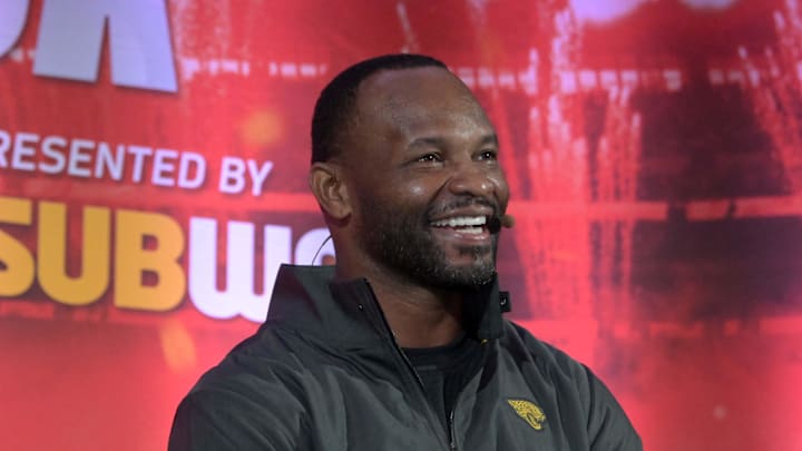 Oct 27, 2018; London, United Kingdom; Jacksonville Jaguars former running back Fred Taylor at NFL UK Live at The Drum at Wembley. Mandatory Credit: Kirby Lee-Imagn Images Oct 27, 2018; London, United Kingdom; Jacksonville Jaguars former running back Fred Taylor at NFL UK Live at The Drum at Wembley. Mandatory Credit: Kirby Lee-Imagn Images
