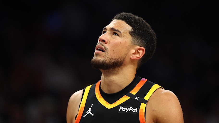 Devin Booker reacts after a play against the Thunder this past season. | Mark J. Rebilas-Imagn Images