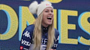 Lindsey Vonn of the United States reacts after the Super G alpine skiing race in the 2025 FIS Ski World Cup at Sun Valley.