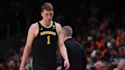 Mar 28, 2025; Atlanta, GA, USA; Michigan Wolverines center Danny Wolf (1) reacts after losing to the Auburn Tigers in a South Regional semifinal of the 2025 NCAA tournament at State Farm Arena. Mandatory Credit: Brett Davis-Imagn Images