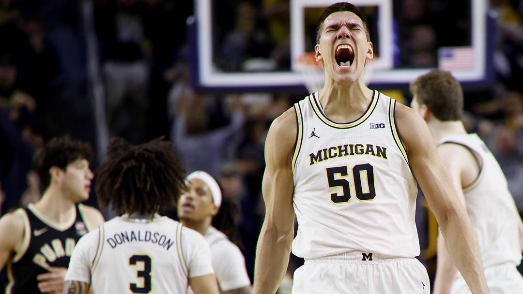 Michigan Wolverines center Vladislav Goldin (50) celebrates during the second half against the Purdue Boilermakers at Crisler Center. Michigan Wolverines center Vladislav Goldin (50) celebrates during the second half against the Purdue Boilermakers at Crisler Center.