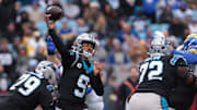Nov 30, 2025; Charlotte, North Carolina, USA; Carolina Panthers quarterback Bryce Young (9) throws a pass during the first quarter against the Los Angeles Rams at Bank of America Stadium. Mandatory Credit: Scott Kinser-Imagn Images