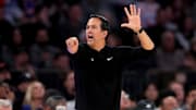 Mar 17, 2025; New York, New York, USA; Miami Heat head coach Erik Spoelstra coaches against the New York Knicks during the second quarter at Madison Square Garden. Mandatory Credit: Brad Penner-Imagn Images
