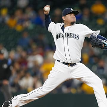 Seattle Mariners starting pitcher Felix Hernandez throws during a game against the Oakland Athletics on Sept. 26, 2019, at T-Mobile Park.