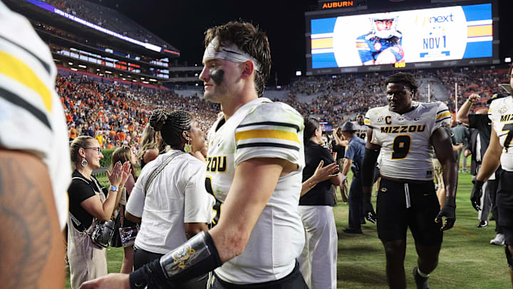 Oct 18, 2025; Auburn, Alabama, USA;  Missouri Tigers quarterback Beau Pribula (9) greets fans after his team beat the Auburn Tigers in overtime at Jordan-Hare Stadium. Mandatory Credit: John Reed-Imagn Images