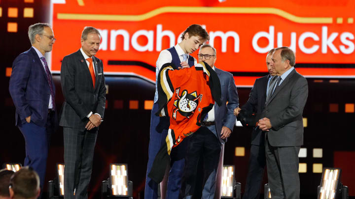 Jun 28, 2024; Las Vegas, Nevada, USA; Beckett Sennecke is selected with the 3rd overall pick in the first round of the 2024 NHL Draft by the Anaheim Ducks at The Sphere. Mandatory Credit: Stephen R. Sylvanie-USA TODAY Sports