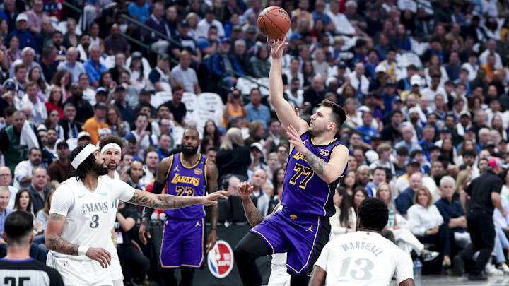 Los Angeles Lakers guard Doncic shoots during the first quarter against the Dallas Mavericks at American Airlines Center. 