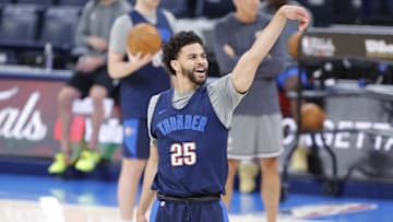 Jun 4, 2025; Oklahoma City, OK, USA; Oklahoma City Thunder guard Ajay Mitchell (25)  during NBA Finals Media Day at Paycom Center. Mandatory Credit: Alonzo Adams-Imagn Images