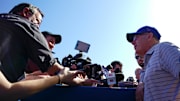 Feb 20, 2023; Port St. Lucie, FL, USA; New York Mets owner Steve Cohen talks to press during spring training workouts. 