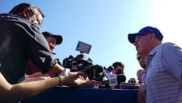 Feb 20, 2023; Port St. Lucie, FL, USA; New York Mets owner Steve Cohen talks to press during spring training workouts. 