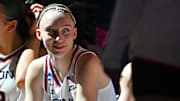 UConn Huskies guard Paige Bueckers looks on during a Sweet 16 game against the Oklahoma Sooners.