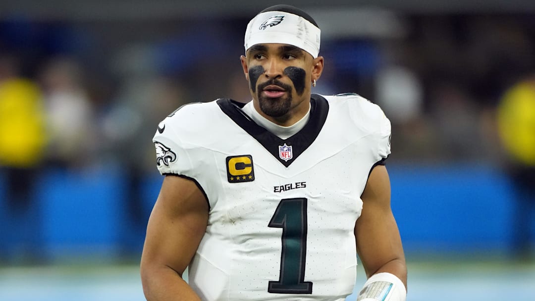 Eagles QB Jalen Hurts threw four interceptions Monday after entering the night with two on the season. Eagles QB Jalen Hurts threw four interceptions Monday after entering the night with two on the season.