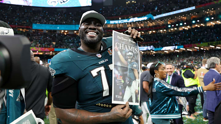 Philadelphia Eagles offensive tackle Mekhi Becton celebrates after winning Super Bowl LIX at Caesars Superdome.