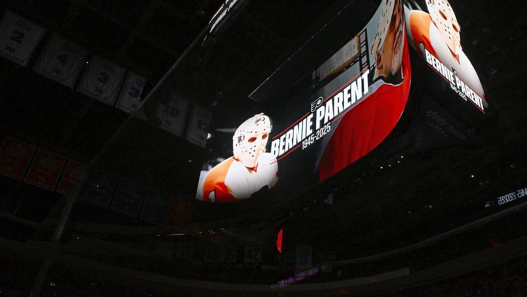 Oct 13, 2025; Philadelphia, Pennsylvania, USA; A moment of silence was held in memory of Philadelphia Flyers and NHL Hall of Fame goalie Bernie Parent before start of game against the Florida Panthers at Wells Fargo Center.