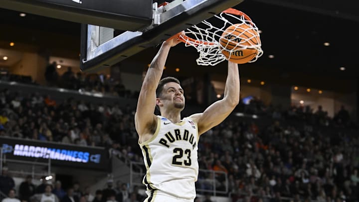 Purdue Boilermakers forward Camden Heide (23) dunks against the High Point Panthers Purdue Boilermakers forward Camden Heide (23) dunks against the High Point Panthers