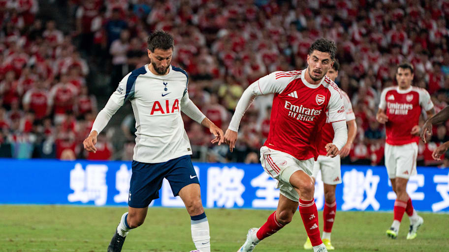 Arsenal’s Kai Havertz (right) eyeing up Tottenham’s Rodrigo Bentancur.