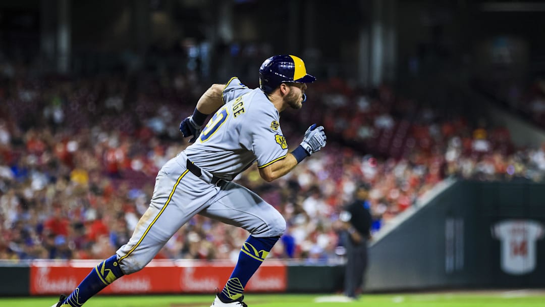 Aug 15, 2025; Cincinnati, Ohio, USA; Milwaukee Brewers outfielder Brandon Lockridge (20) runs the bases after hitting a triple in the seventh inning against the Cincinnati Reds at Great American Ball Park. Mandatory Credit: Katie Stratman-Imagn Images