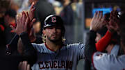 Sep 20, 2025; Minneapolis, Minnesota, USA; Cleveland Guardians shortstop Gabriel Arias (13) celebrates after scoring against the Minnesota Twins during the fifth inning of game two of a double header at Target Field. Mandatory Credit: Matt Krohn-Imagn Images