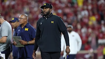 Sep 6, 2025; Norman, Oklahoma, USA; Michigan Wolverines head coach Sherrone Moore on the sidelines during the second half of a game against the Oklahoma Sooners at Gaylord Family-Oklahoma Memorial Stadium. Mandatory Credit: Kevin Jairaj-Imagn Images
