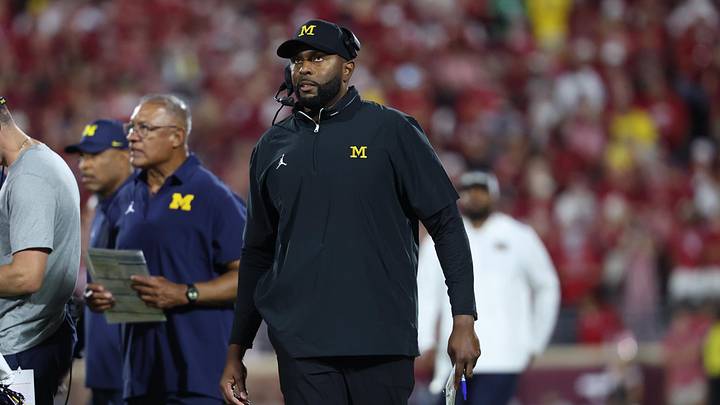 Sep 6, 2025; Norman, Oklahoma, USA; Michigan Wolverines head coach Sherrone Moore on the sidelines during the second half of a game against the Oklahoma Sooners at Gaylord Family-Oklahoma Memorial Stadium. Mandatory Credit: Kevin Jairaj-Imagn Images
