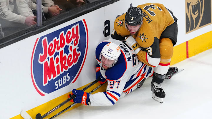 Vegas Golden Knights defenseman Brayden McNabb (3) checks Edmonton Oilers center Connor McDavid (97)