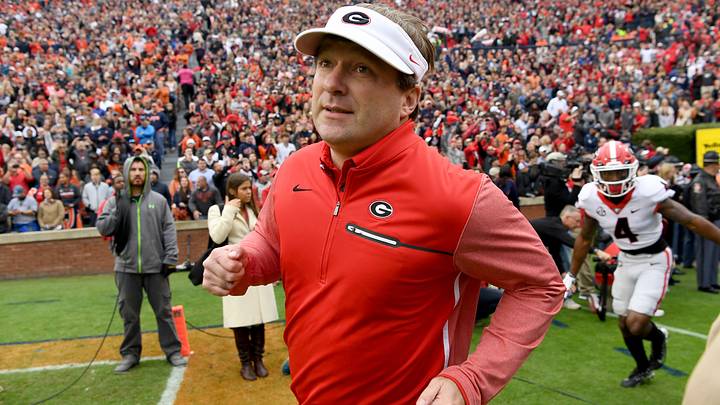 Nov 11, 2017; Auburn, AL, USA; Georgia Bulldogs head coach Kirby Smart leads his players onto the field for their game against the Auburn Tigers at Jordan-Hare Stadium. Mandatory Credit: John David Mercer-USA TODAY Sports