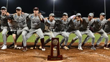 Jun 9, 2024; College Station, TX, USA; Texas A&M celebrates after sweeping Oregon in the Bryan-College Station Super Regional series at Olsen Field, Blue Bell Park Mandatory Credit: Maria Lysaker-USA TODAY Sports