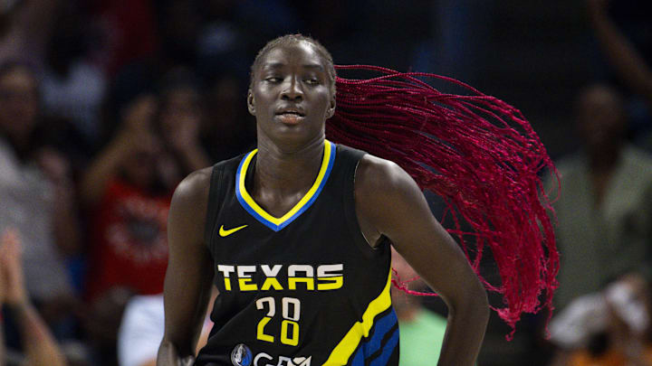 Sep 29, 2023; Arlington, Texas, USA; Dallas Wings center Awak Kuier (28) runs back up the court during the second half against the Las Vegas Aces during game three of the 2023 WNBA Playoffs at College Park Center. Mandatory Credit: Jerome Miron-Imagn Images Sep 29, 2023; Arlington, Texas, USA; Dallas Wings center Awak Kuier (28) runs back up the court during the second half against the Las Vegas Aces during game three of the 2023 WNBA Playoffs at College Park Center. Mandatory Credit: Jerome Miron-Imagn Images
