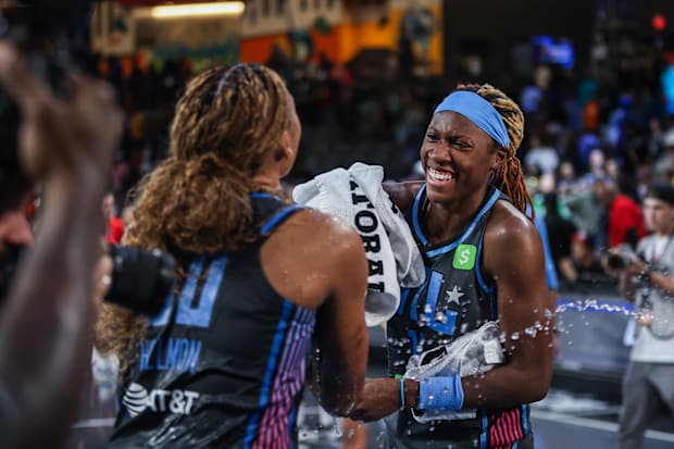 Atlanta Dream forward Naz Hillmon (0) and guard Rhyne Howard (10)