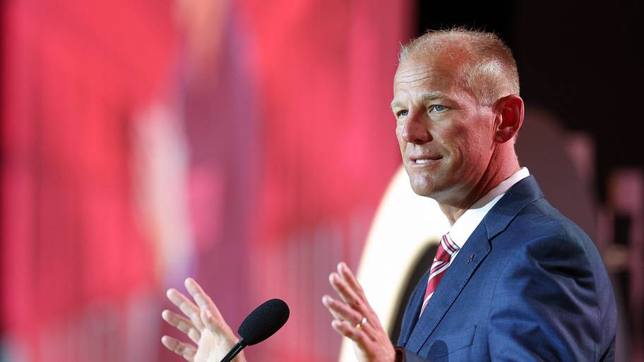 Alabama coach Kalen DeBoer speaks to the press during SEC Media Day.