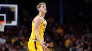 Nov 3, 2025; Minneapolis, Minnesota, USA; Minnesota Golden Gophers forward Cade Tyson (10) celebrates a three point basket against the Gardner-Webb Runnin' Bulldogs during the first half at Williams Arena. Mandatory Credit: Matt Krohn-Imagn Images