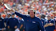 Sep 27, 2025; Champaign, Illinois, USA; Illinois Fighting Illini head coach Bret Bielema reacts during the second half against the Southern California Trojans at Memorial Stadium. Mandatory Credit: Ron Johnson-Imagn Images